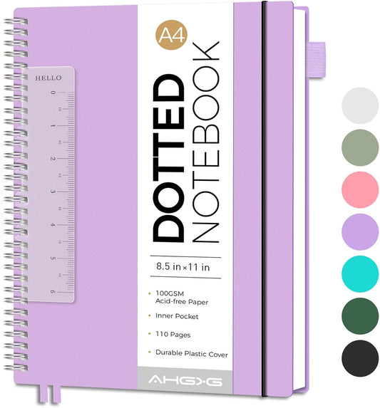 AHGXG Bullet Dotted Journal - Dot Grid Spiral Notebook 8.5" x 11", A4 Large Dotted Notebook, 100 GSM Thick Paper, Waterproof Plastic Cover Journals for Bullet Journaling, Sketching, Purple