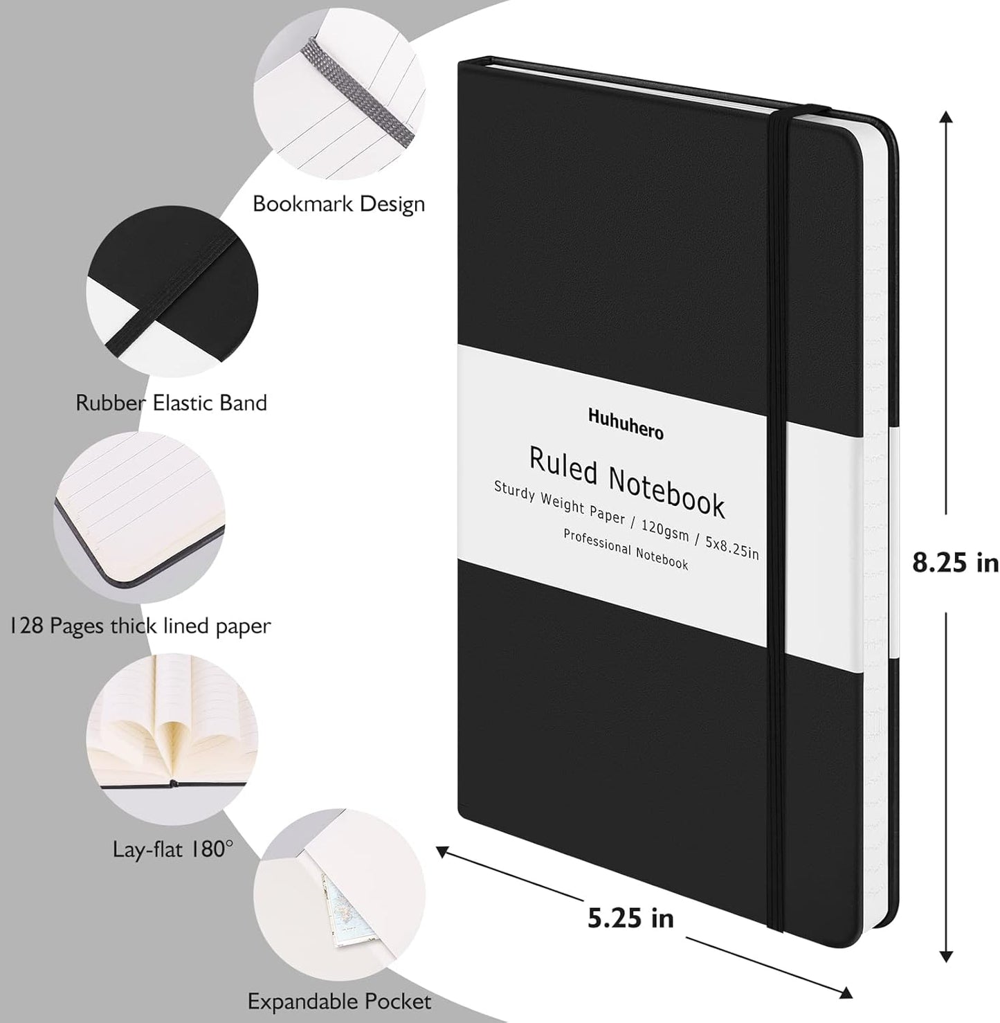 Huhuhero Notebooks Journal, Ruled Notebook, Premium Thick Paper Lined Journal, Black Hardcover Notebook for Office Home School Business Writing Note Taking Journaling, 5"×8.25" (10, Green)