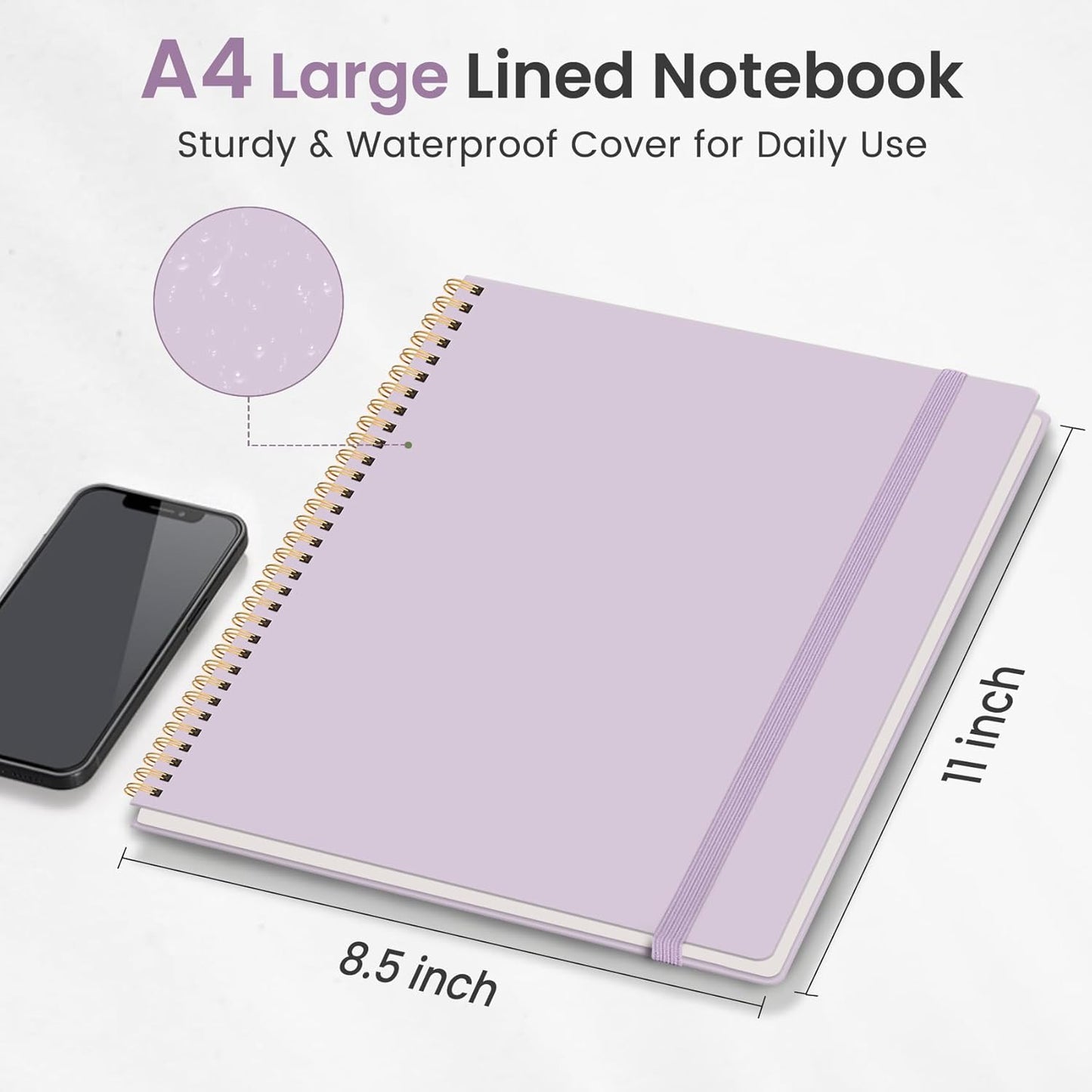 Taja Spiral Lined Notebook, 8.5"x11" Notebooks for Work, Large A4 Journal for Women & Men, College Ruled Journaling Notebook for Writing, Plastic Cover Spiral Journal, Lilac