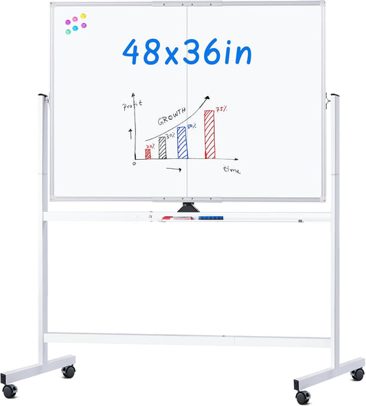 maxtek Rolling Whiteboard, 48x36 Large Magnetic White Board with Stands, Big Double-Sided White Board Dry Erase on Wheels for Homeschool, Home Office, Office, School (Silver, 48 x 36)