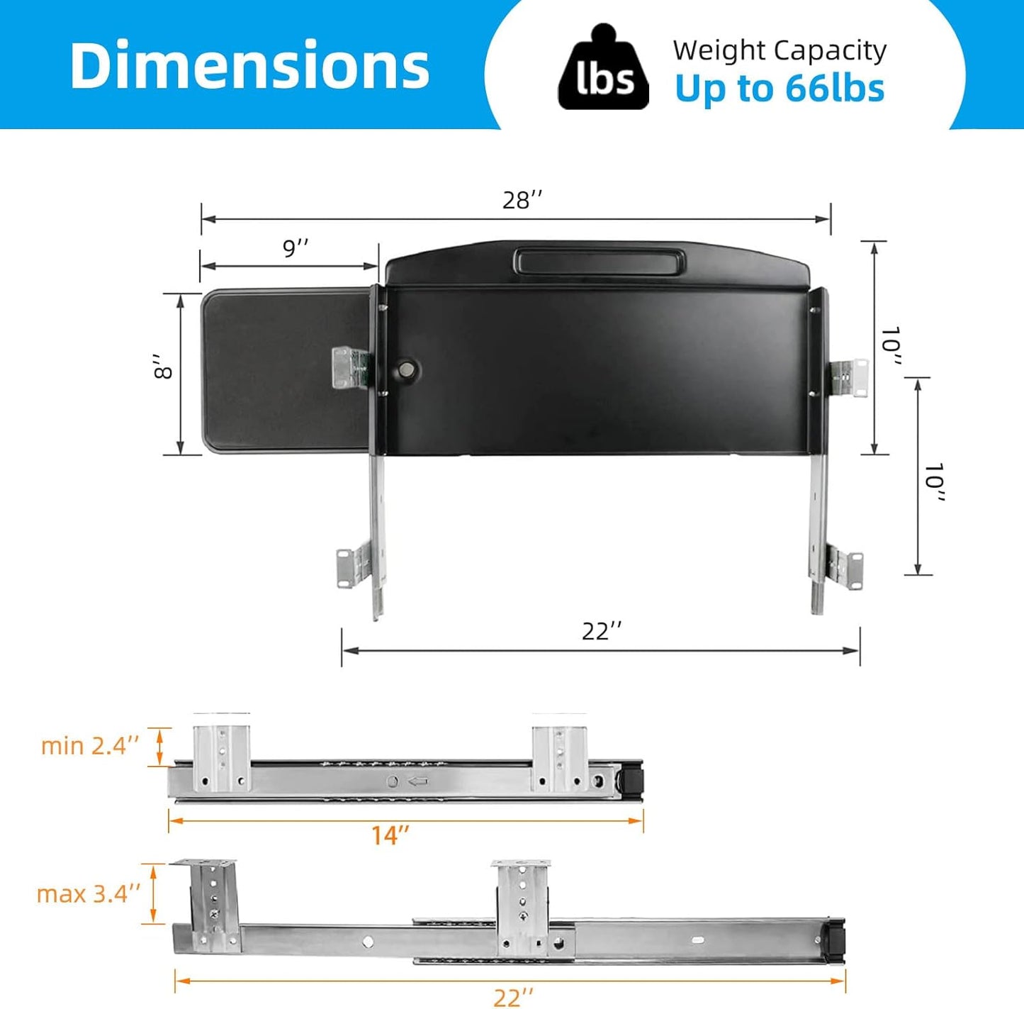 Solid Steel Under Desk Keyboard Tray Slide Out with 360° Rotating Mouse Platform,Keyboard Shelf Sliding,Under Desk Mounted Keyboard Holder,Under Desk Keyboard Drawer 28"Lx10"W