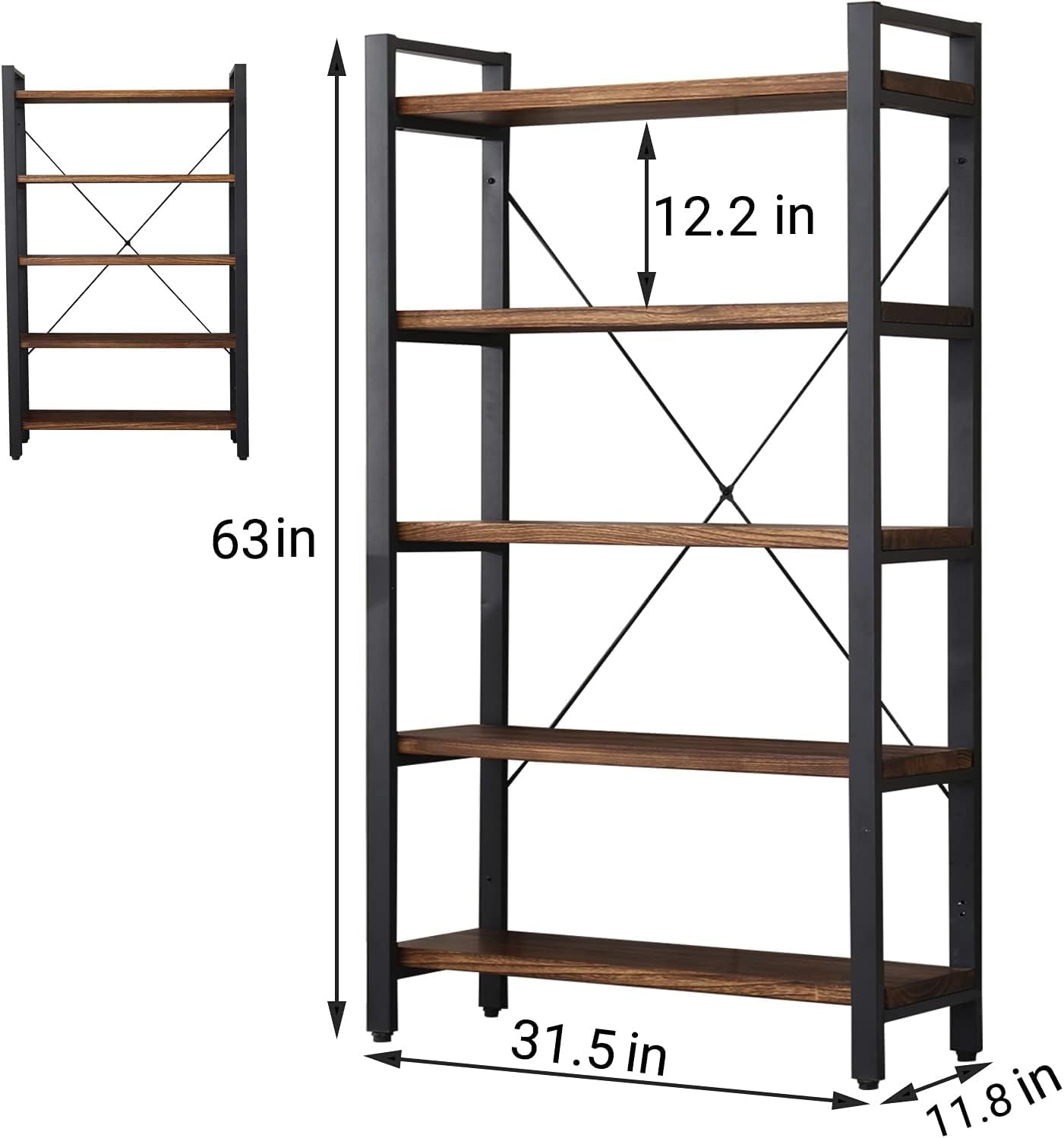 5 Tier Bookcase, Solid Wood Bookshelf Rustic Vintage Industrial Etagere Bookcase, Metal and Wood Free Vintage Bookshelf, Retro Brown (Real Wood) (5-Tiers)