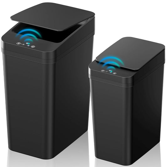 Bathroom Trash Can with Lid, 2 Pack 4 & 2.2 Gallon Automatic Touchless Garbage Can, Small Motion Sensor Smart Trash Can, Slim Waterproof Trash Bin for Bedroom, Bathroom, Office, Living Room (Black)