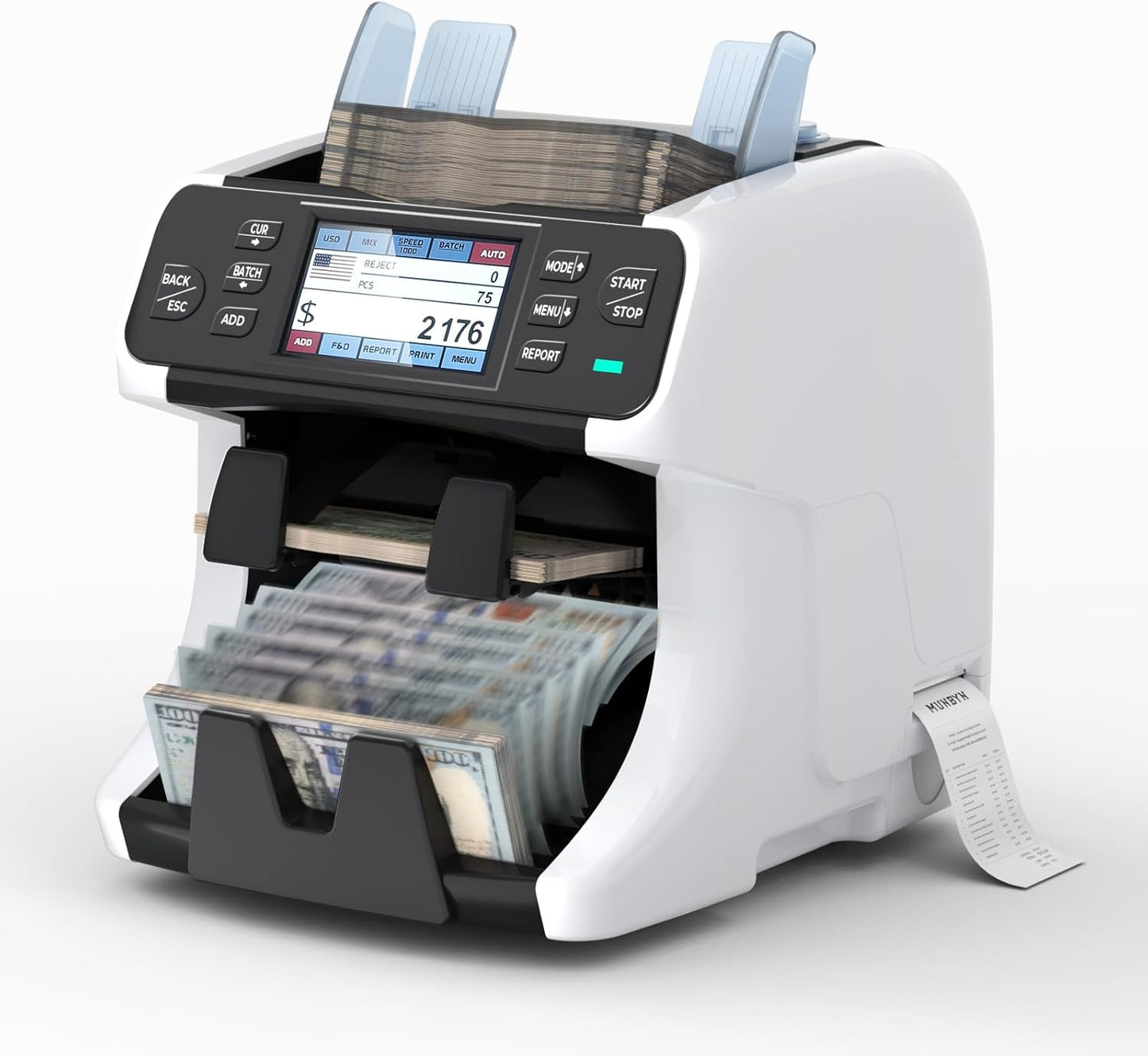 MUNBYN IMC40 2-Pocket Money Counter Machine Mixed Denomination and Sorter, Built-in Printer, Sort on DENOM/FACE/ORI, Value Counting, Counterfeit Detection 2 CIS/UV/MG/IR, Touch Screen, 2Y Protection