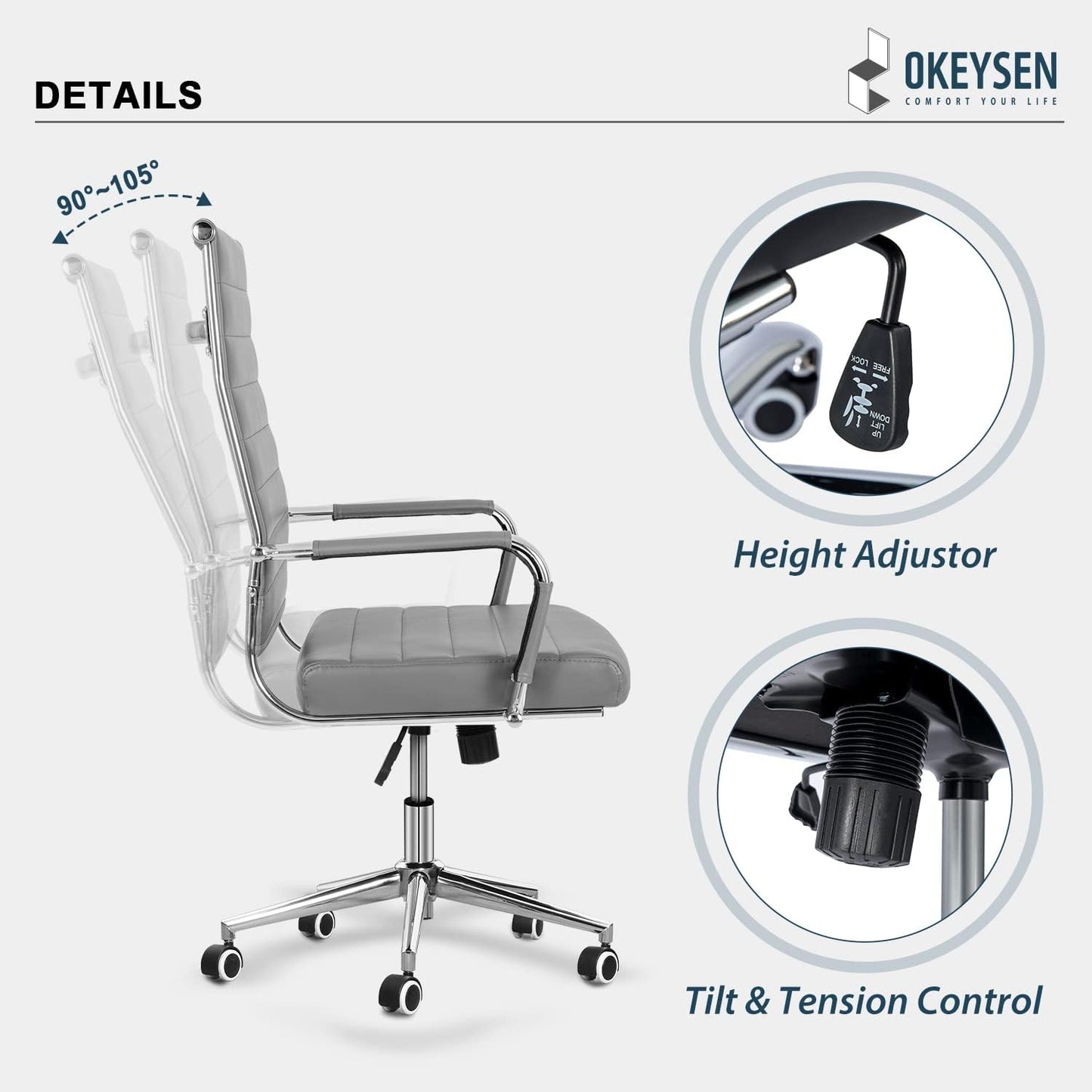 Okeysen Ergonomic Office Desk Chair, Modern PU Leather Conference Room Chairs Ribbed, High Back Executive Swivel Rolling Chair for Home, Office