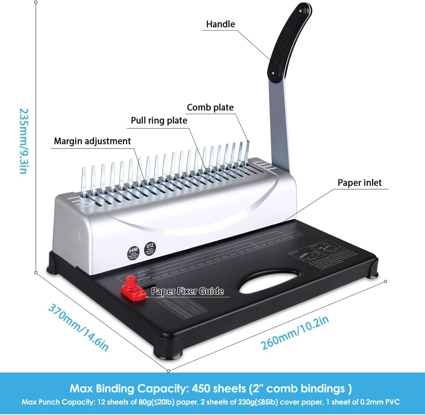 MAKEASY Binding Machine, 21-Hole, 450 Sheets, Comb Binding Machines with 1 Box Comb Bindings Spines, Comb Binder for Letter Size, A4, A5 Paper