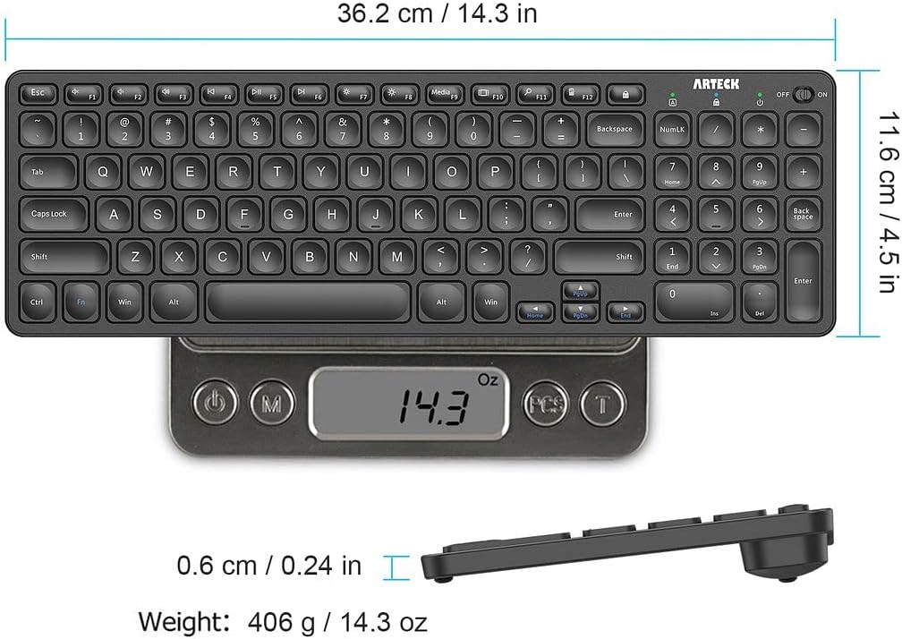 Arteck 2.4G Wireless Keyboard Ultra Slim Full Size Keyboard with Numeric Keypad and Media Hotkey for Computer/Desktop/PC/Laptop/Surface/Smart TV and Windows 10/8/ 7 Built-in Rechargeable Battery