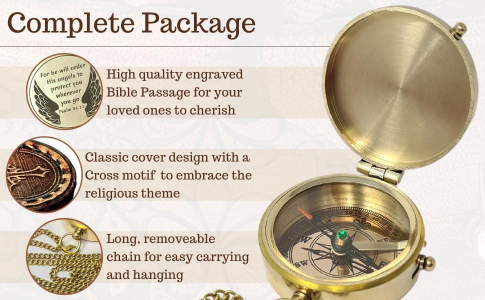 Brass Compass Engraved with Religious Scripture Verse - Ideal Gift for Son, Grandson, Daughter - Perfect for Baptism, Communion, Church and Graduation Day Present