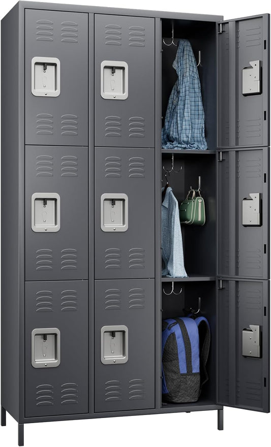 Metal Lockers for Employees with Lock,9 Doors Metal Storage Locker with 18 Hooks,Steel Storage Locker for School Office Gym Bedroom,Assembly Required (9 Door-Dark Grey)