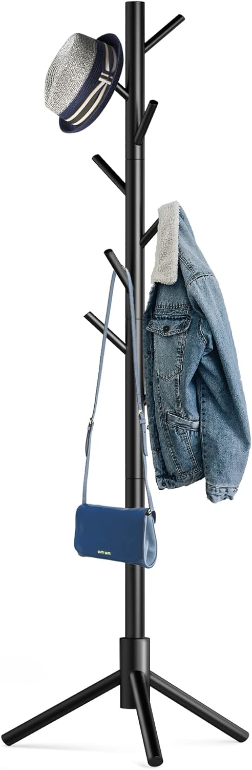 Wooden Tree Coat Rack Stand,Sturdy Freestanding Coat Rack with 8 Hooks,3 Adjustable Height for Child Adult,Wood Coat Stand Tree Fits Entryway Bedroom Office for Bags,Hats