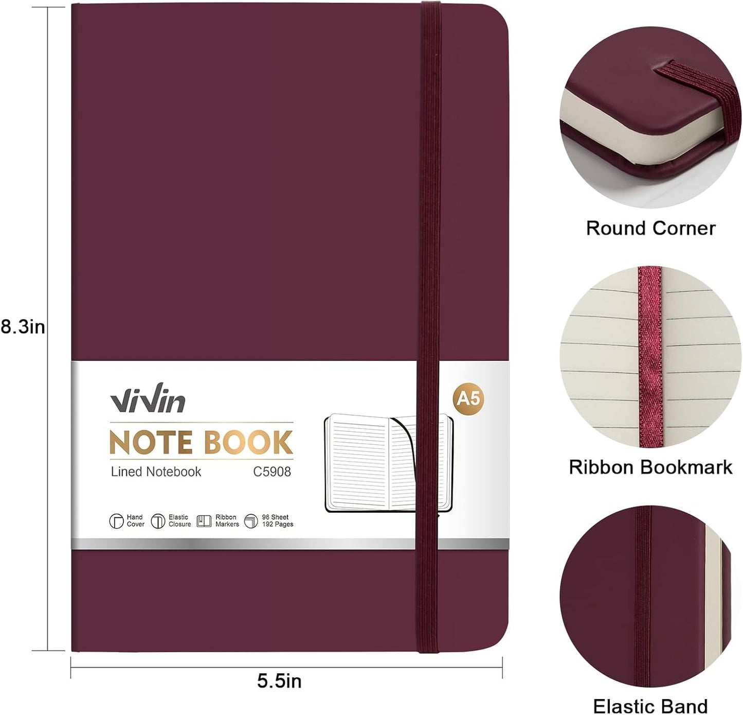 ViVin Lined Journal Notebooks, 3 Pack, (Black, Burgundy, Dark Green), 192 Pages, Medium 5.5 x 8.3 inch, College Ruled, A5 Hardcover Notebooks, Journaling Notebooks for Work, Writing, School