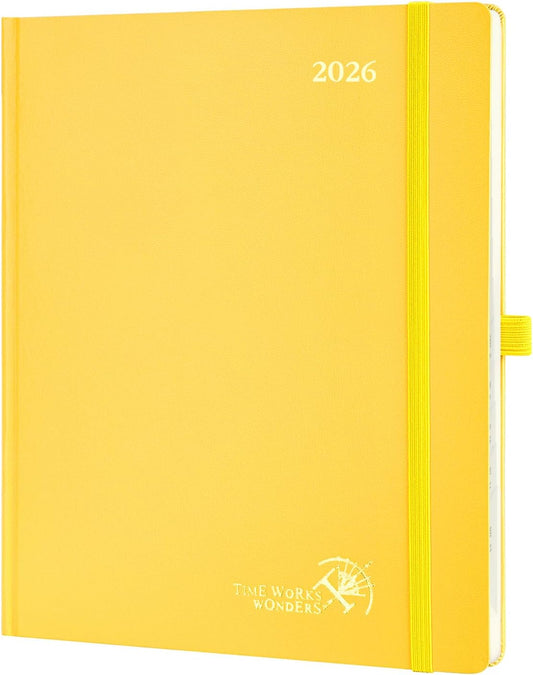 POPRUN 2026 Planner (Large Size 8.5''x 10.5'' Hardcover) - Daily Weekly and Monthly Calendar Agenda 2026 Appointment Book with Hourly Time Slots, Monthly Tabs, 100 GSM - Light Yellow