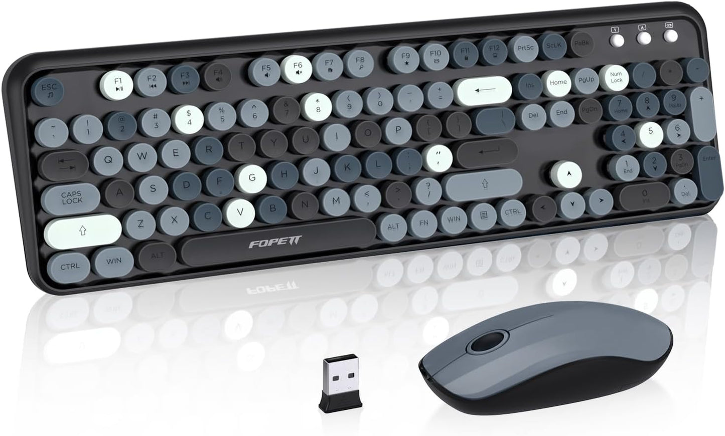 Keyboard and Mouse Wireless,Cute Retro Wireless Keyboard Mouse Combo with Round Key,2.4Ghz Dropout-Free Connection,Typewriter Keyboard Mouse Set for PC Laptop Desktop Computer-Grey Colorful