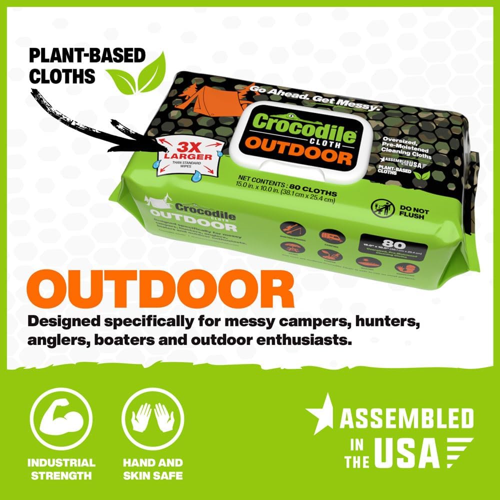 Crocodile Cloth Outdoor Cleaning Wipes – 80 Count Plant-Based Cloths (15"x10"), Skin Safe, Pre-Moistened, Aloe & Vitamin E Infused, Large, Absorbent, Multi-Surface Disposable Wipes
