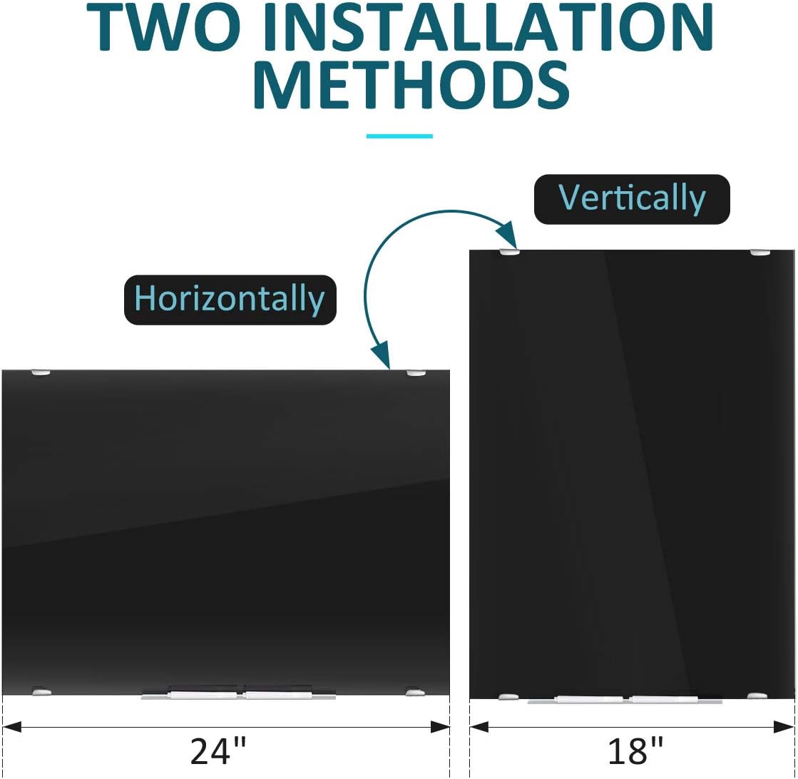Black Dry Erase Board Magnetic Glass Board, 24x18 Tempered Glass Black Whiteboard for Wall, ZHIDIAN Glass Bulletin Board Framless Blackboard for Office, 2x1.5ft