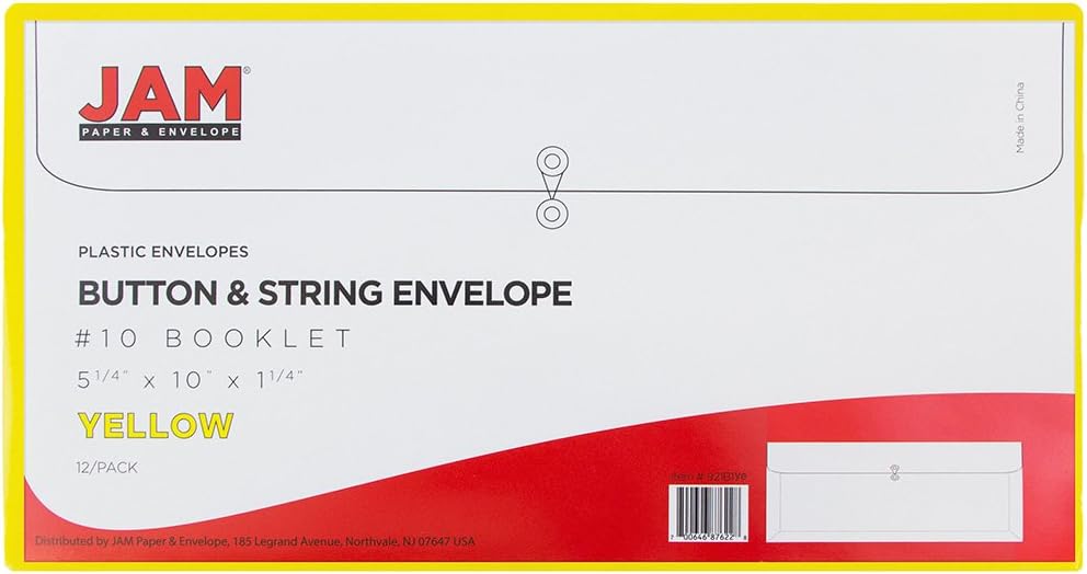 JAM PAPER Plastic Envelopes with Button & String Tie Closure - #10 Business Booklet - 5 1/4 x 10 - Yellow - 12/Pack