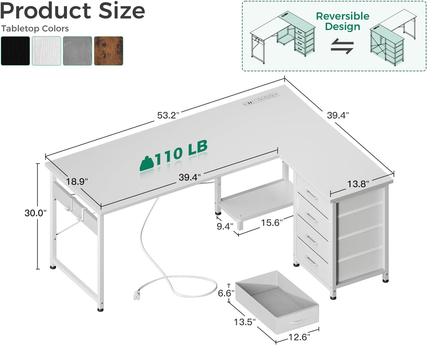 Casaottima L Shaped Desk with 4 Tier Drawers, 53" Gaming Desk with Power Outlets & USB, Reversible L-Shaped Computer Desk with CPU Stand, Home Office Corner Desk with Storage, Easy Assemble, White