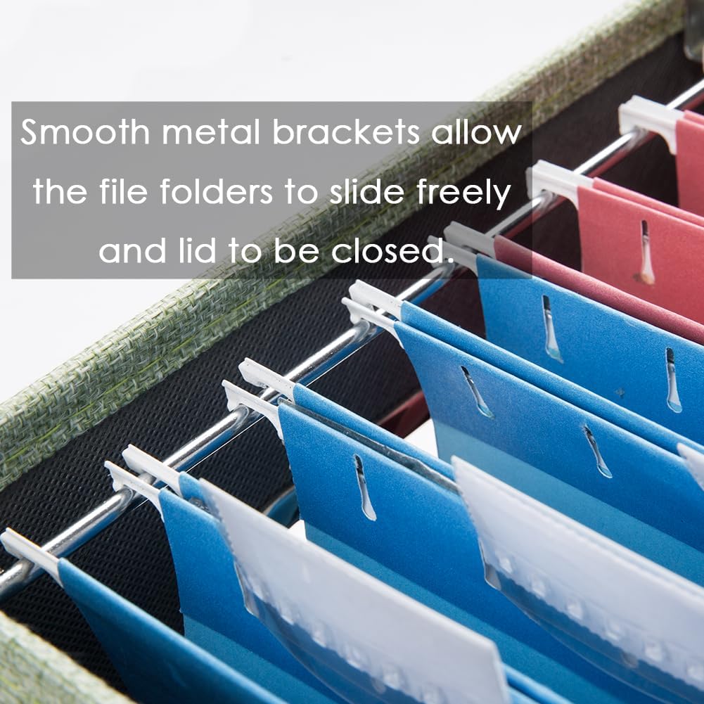 PRANDOM File Organizer Box - Set of 1 Collapsible Decorative Linen Filing Storage Hanging File Folders with Lids Office Cabinet Letter Size Green (14x9.3x10.8 inch)