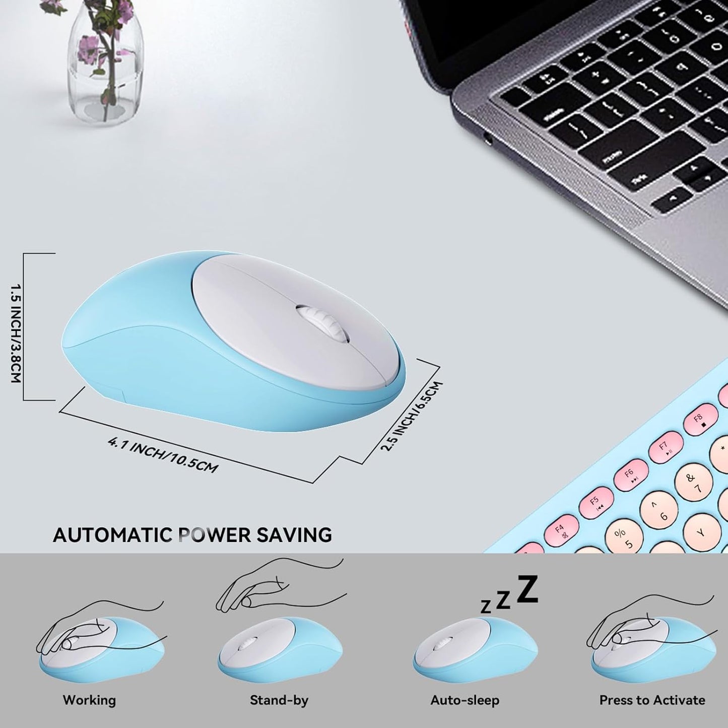 FD Wireless Keyboards and Mouse Combo - 2.4GHz USB Cordless, Cute Wireless Keyboard Round Keys, Quiet and Slim Set for Laptop, Computer, TV and Mac - Blue Pale Green Colorful