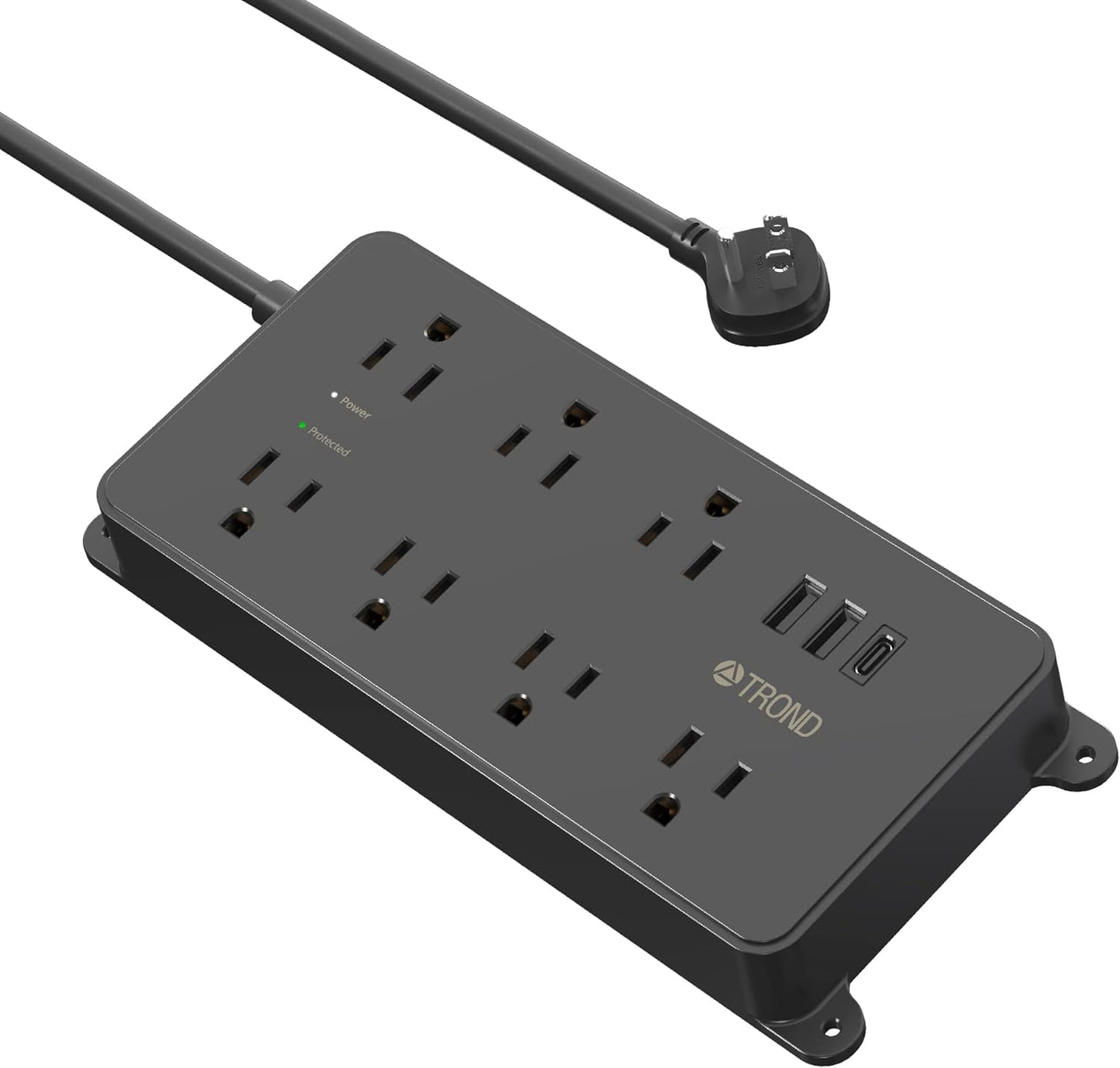 TROND Power Strip Surge Protector, 7 Widely-Spaced Outlets, 2 USB-A & 1 USB-C, ETL Listed, Flat Plug 5ft Extension Cord, Wall Mountable, 1700J, 14AWG Heavy Duty, for Home Office Garage, Black