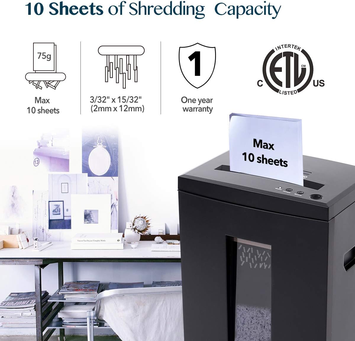WOLVERINE 10-Sheet Super Micro Cut High Security Level P-5 Heavy Duty Paper/CD/Card Ultra Quiet Shredder for Home Office by 60 Mins Running Time and 6 Gallons Pullout Waste Bin SD9112 (Black ETL)