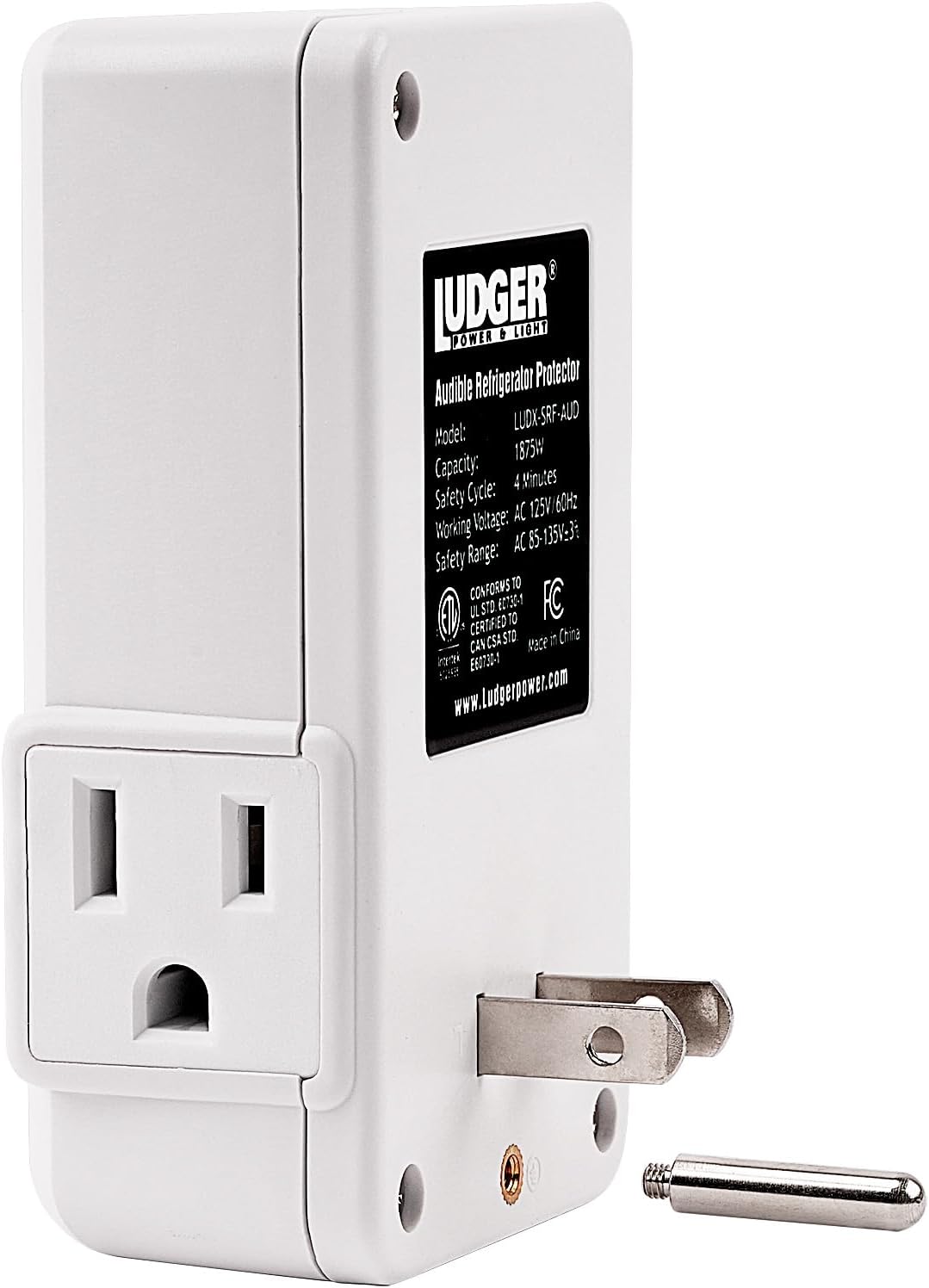 Ludger Power Surge Protector for Appliances (LUDX-SRF-AUD), ETL Certified, Appliance Surge Protector Refrigerator 90 Degrees, Connects to All Types of AC, Unique Side Socket, Audible Alarm