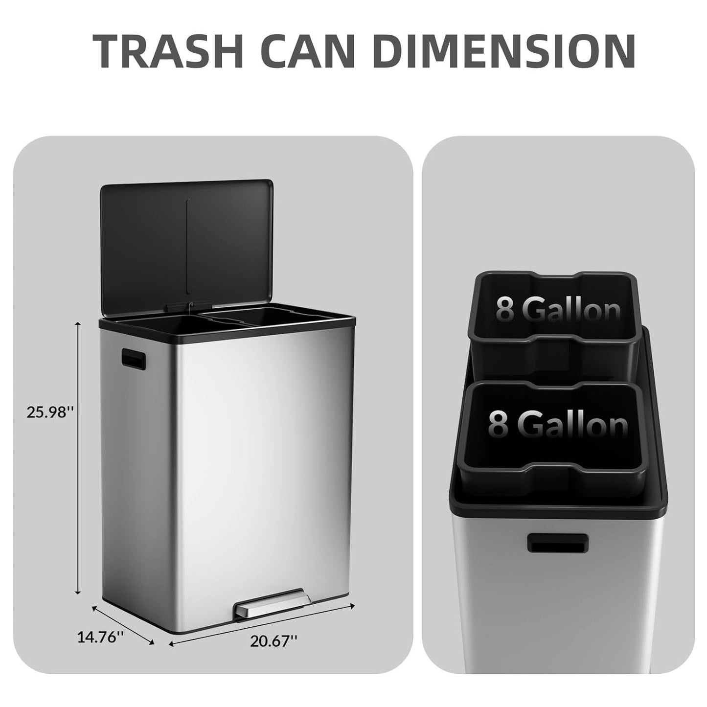 Dual Trash Can with Lid, 16 Gallon/60L Stainless Steel Recycling Trash Bin with 2 Removable Waste Buskets and Wide Pedal, Modern Garbage Bin for Home Kitchen