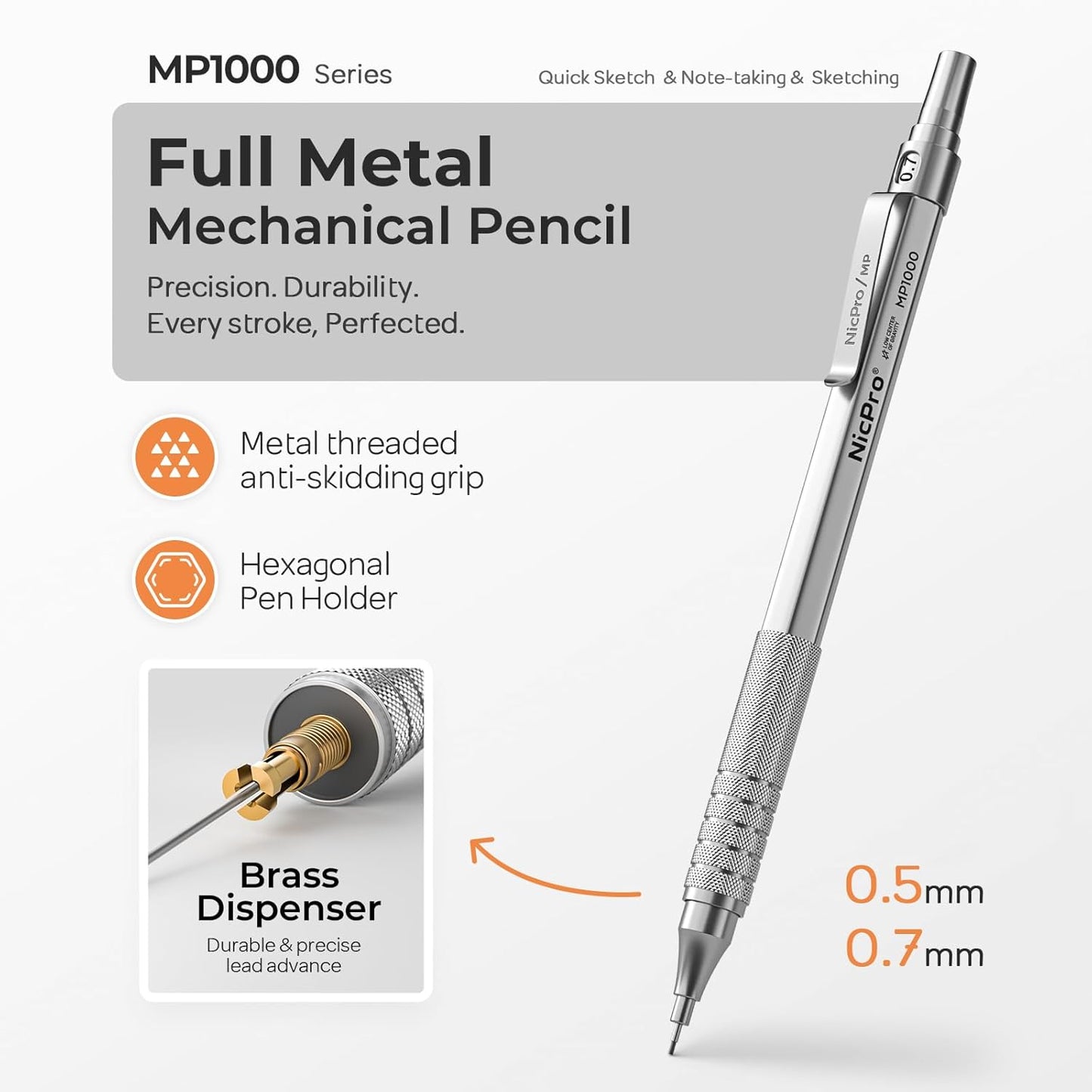 Nicpro 2 PCS Mechanical Pencil 0.5mm & 0.7 mm with Case, MP1000 Metal Artist Pencil Set with 6 Tubes HB Lead Refills, 3 Erasers, 9 Eraser Refills For Art Writing Drafting, Drawing, Sketch, Silver