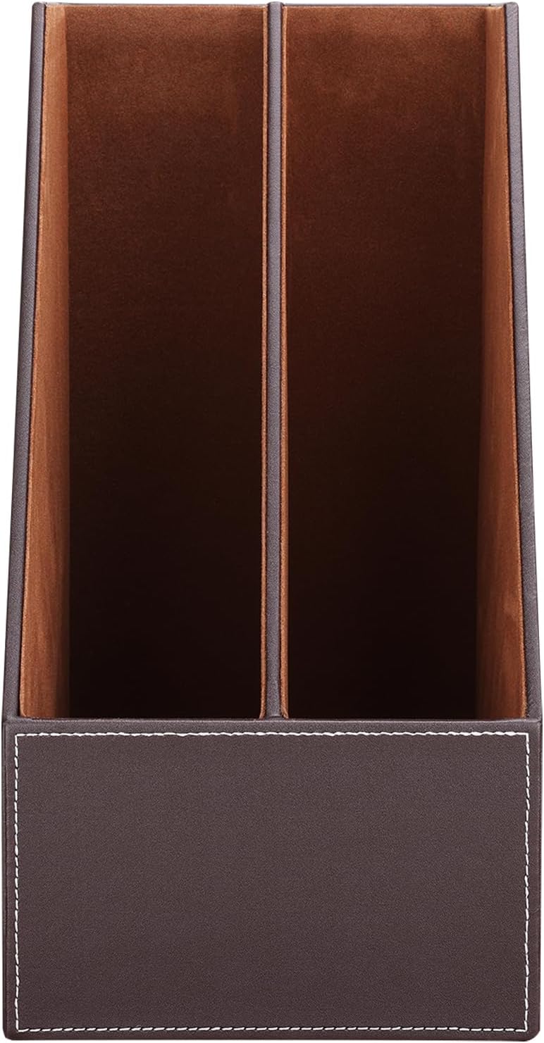 KINGFOM Wooden Leatherette Desktop File Folder Organizer and Document File Stand Journals Magazine Rack 2 Slots (brown)