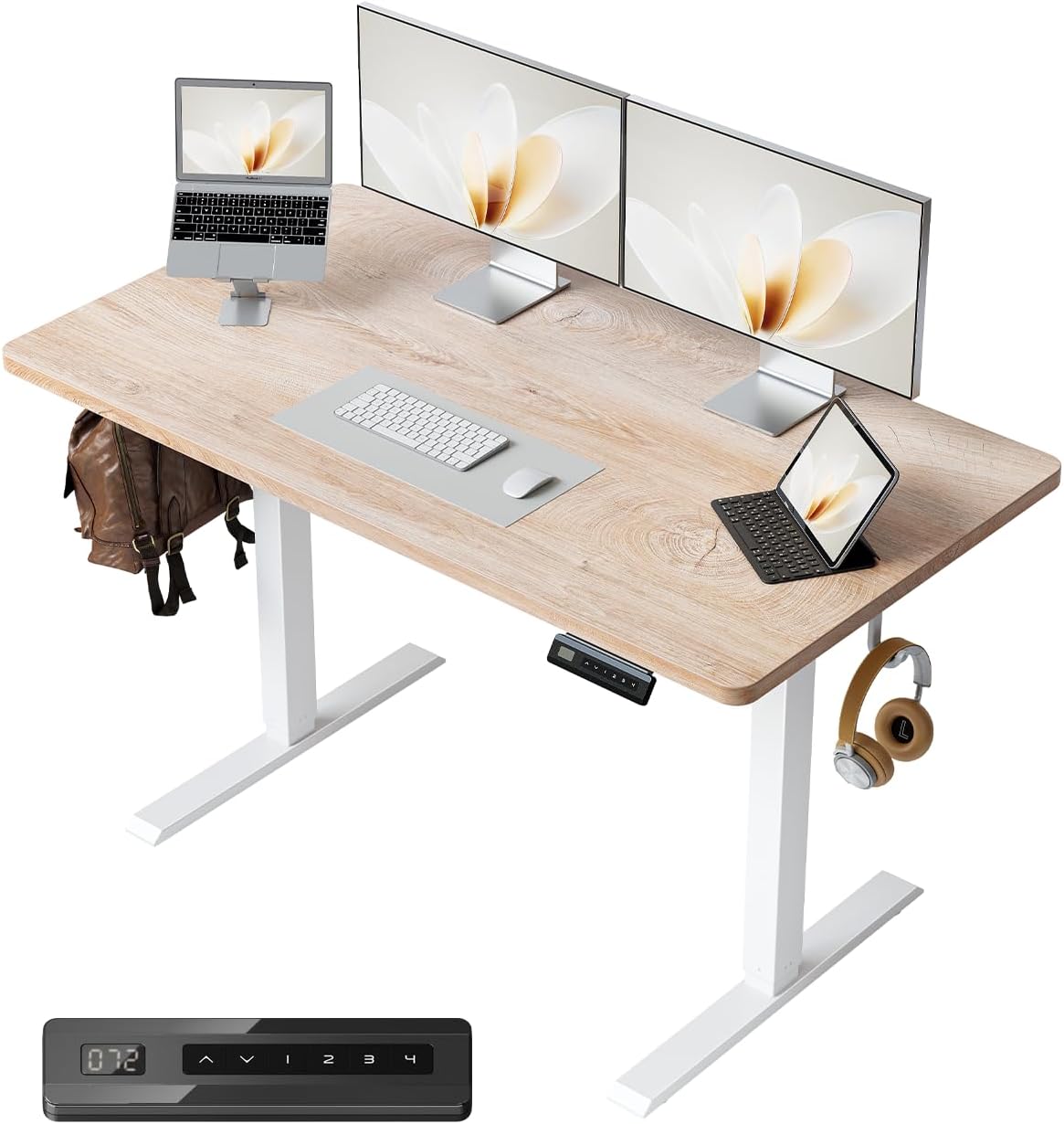 FEZIBO One-Piece Standing Desk Adjustable Height Stand up Home Office Desk, 48x24 Inch Electric Standing Computer Desk, with 4 Memory Presets, Fixable casters, Maple