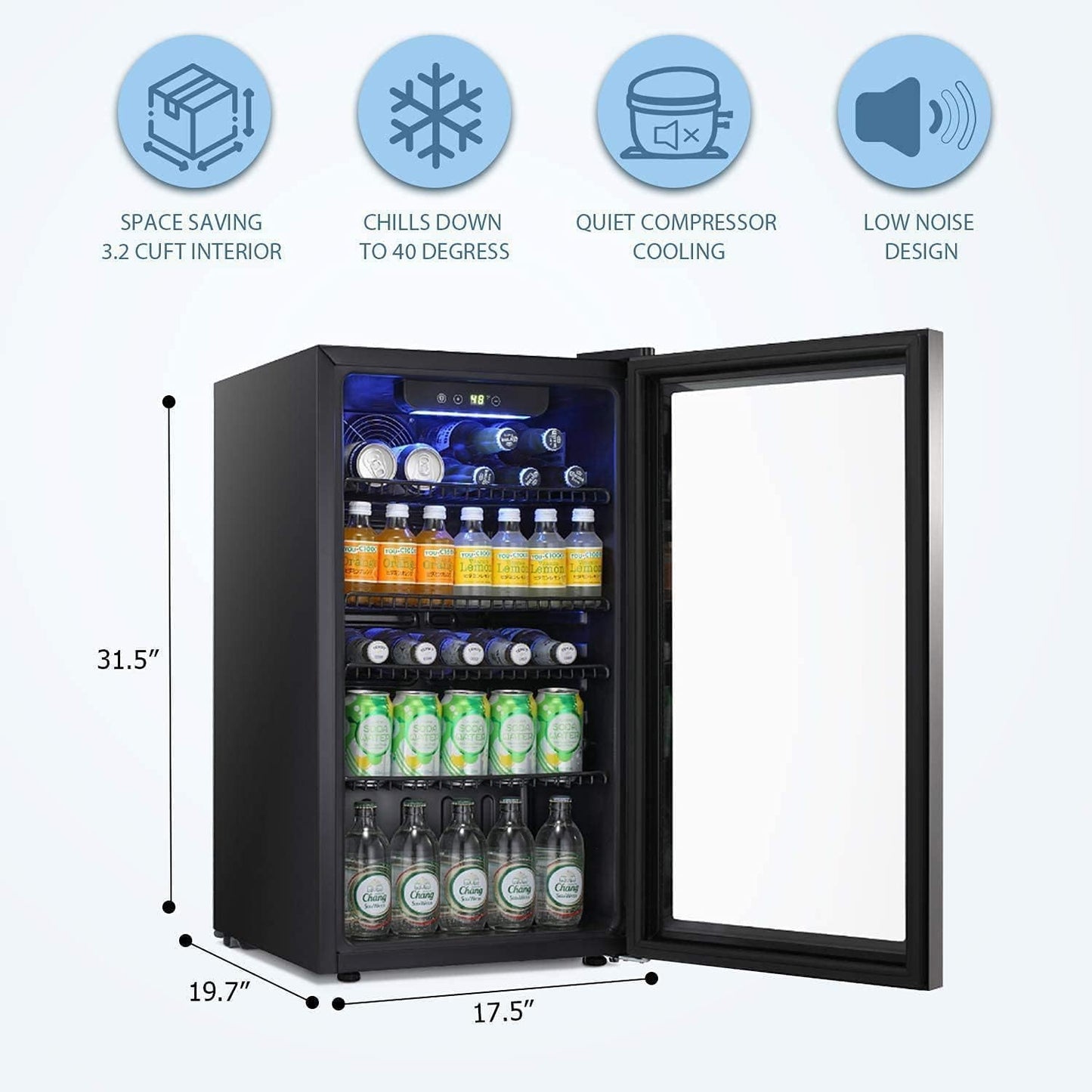 Antarctic Star Beverage Refrigerator Cooler -120 Can Glass Door Mini Fridge, for Soda Cola Beer or Wine Constant Glass Door Small Drink Dispenser Clear Front Door for Home, Bar 3.2cu.ft