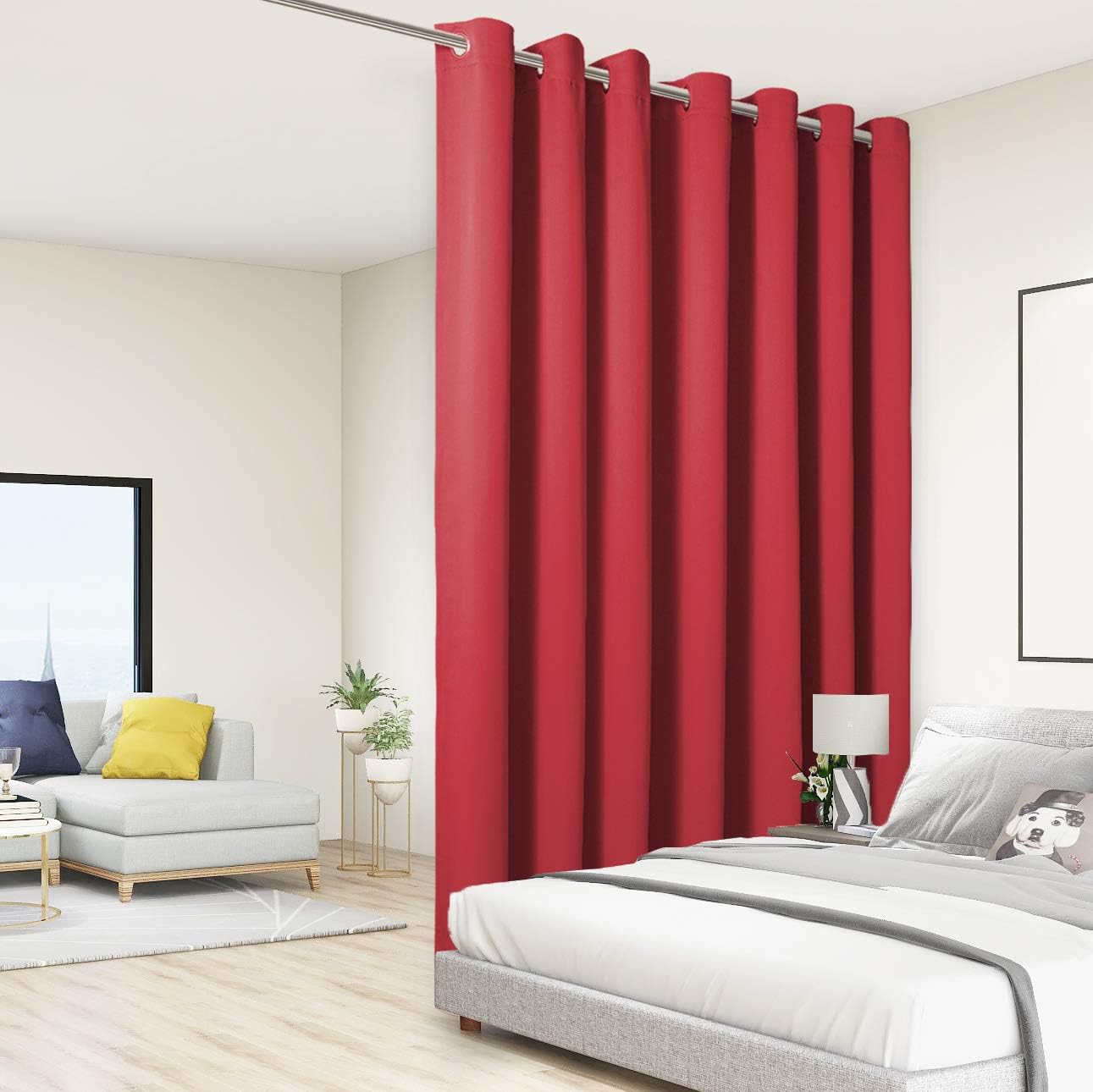 BONZER Extra Wide Room Divider Blackout Curtain Total Privacy Wall Room Darkening Grommet Curtains for Apartment, Studio, 96L x 150W Inch (8L x 12.5W ft), 1 Panel, Red