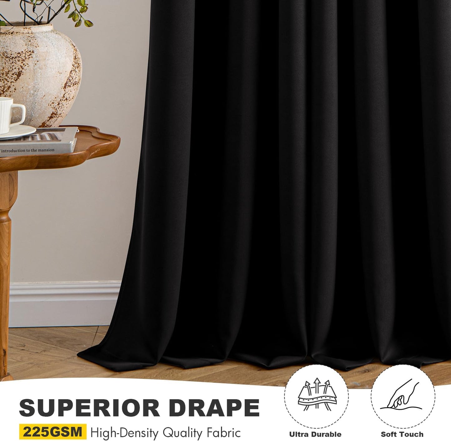MIULEE Black Blackout Curtains for Bedroom Living Room 84 Inches Long 2 Panels, Thermal Insulated Room Darkening Drapes Solid Grommet Top Noise Reduction Light Blocking Halloween Window Treatments