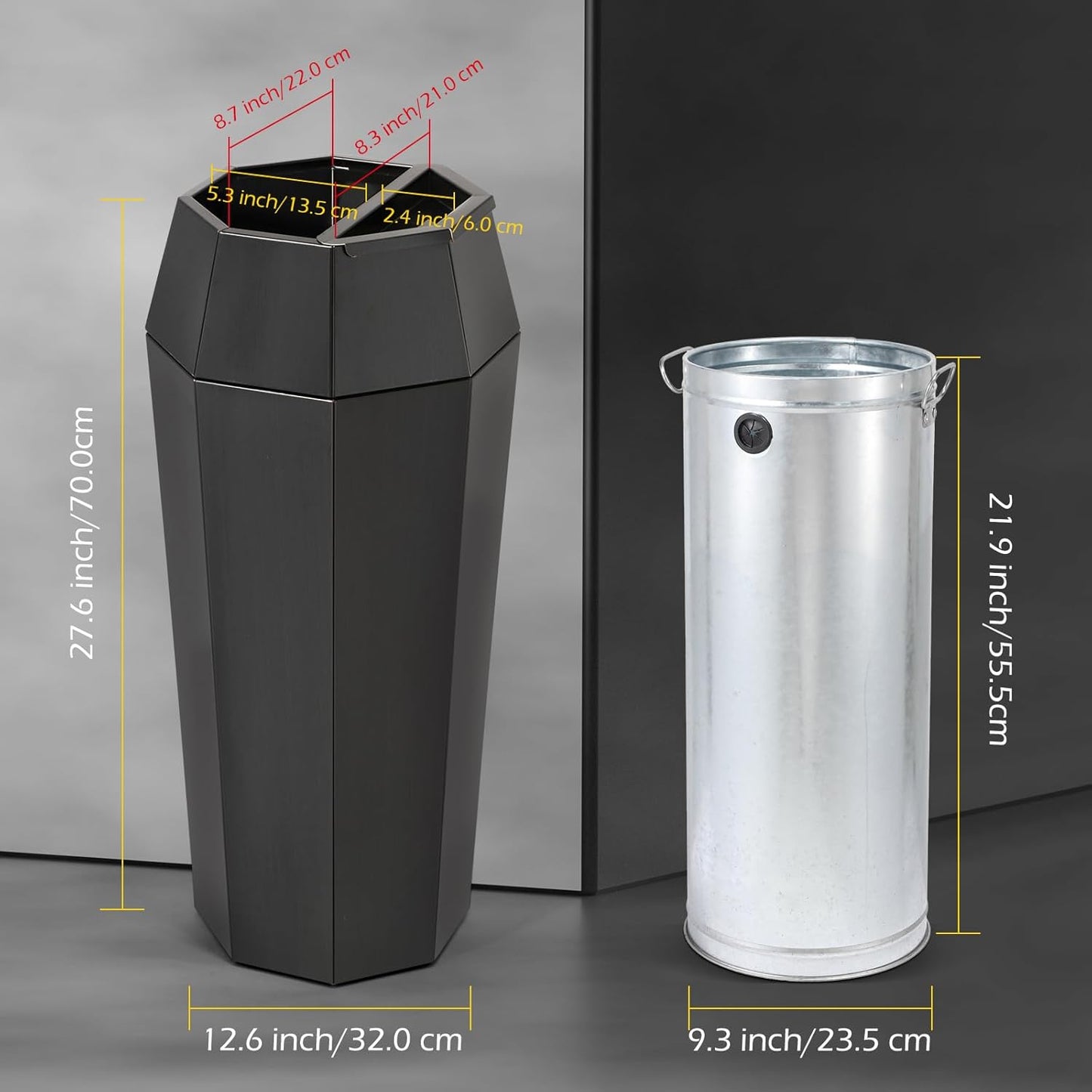 Dyna-Living Commercial Heavy-Duty Trash Cans Outdoor Garbage Can with Lid Large Trash Cans with Inside Cabinet for Patio, Black Stainless Steel Garbage Can Commercial Indoor Trash Bin for Lobby
