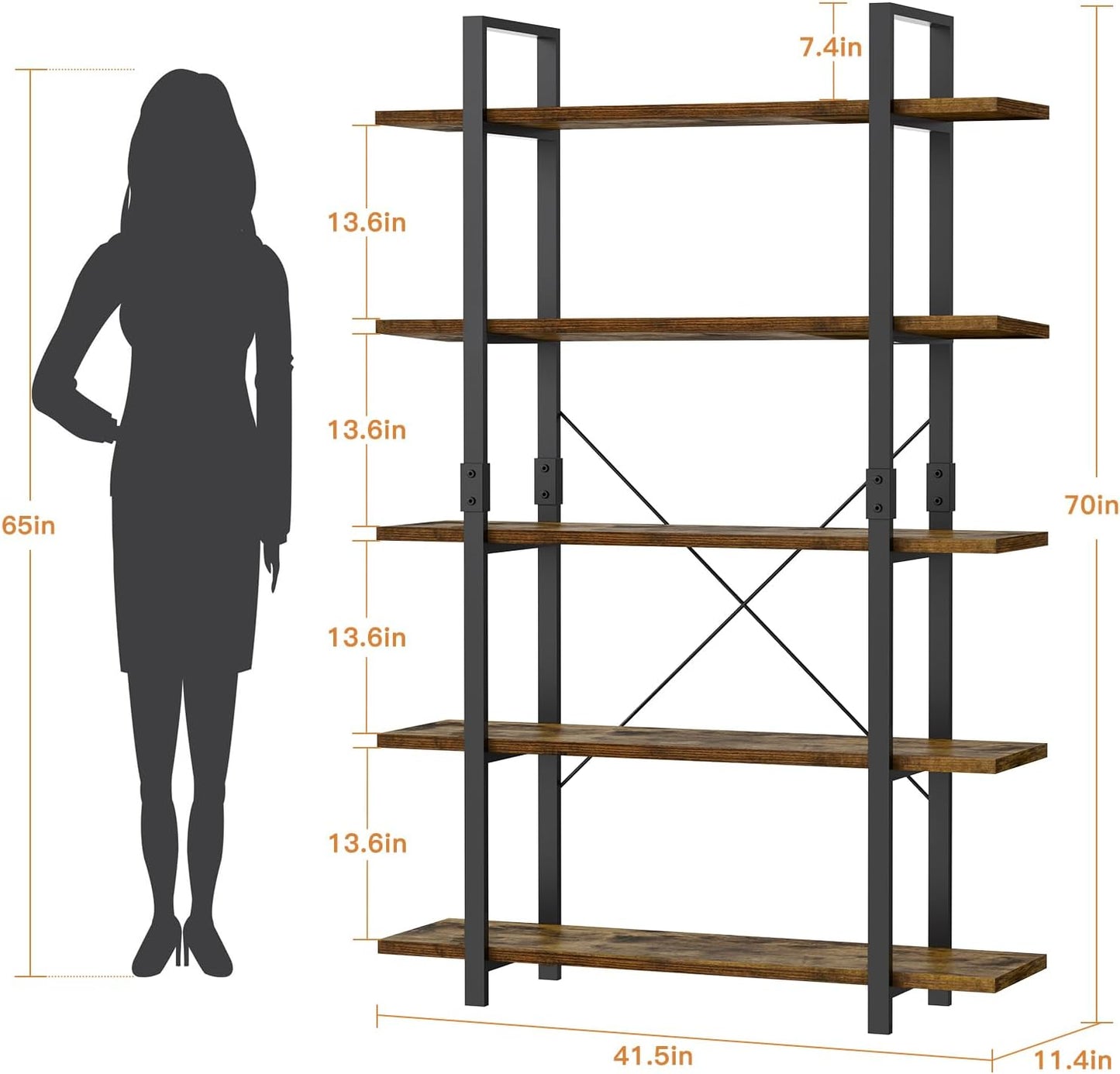 FRAPOW 5 Tier Bookshelf, 70 inch Tall Solid Bookcase Industrial Wooden Bookshelves Large Wall Etagere Rustic Vintage Book Shelf with Metal Frame Open Storage Rack for Living Room Home Office