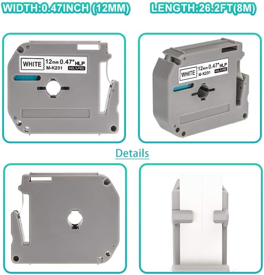 5 x Label Maker Tape Replacement for Brother P Touch M Tape M-K231 M-K231s MK231 MK-231 M231 12mm 0.47 White, Compatible with Brother P Touch PT-M95,PT-90,PT-70,PT-65,PT-85 Label Maker Refills,26.2 Ft