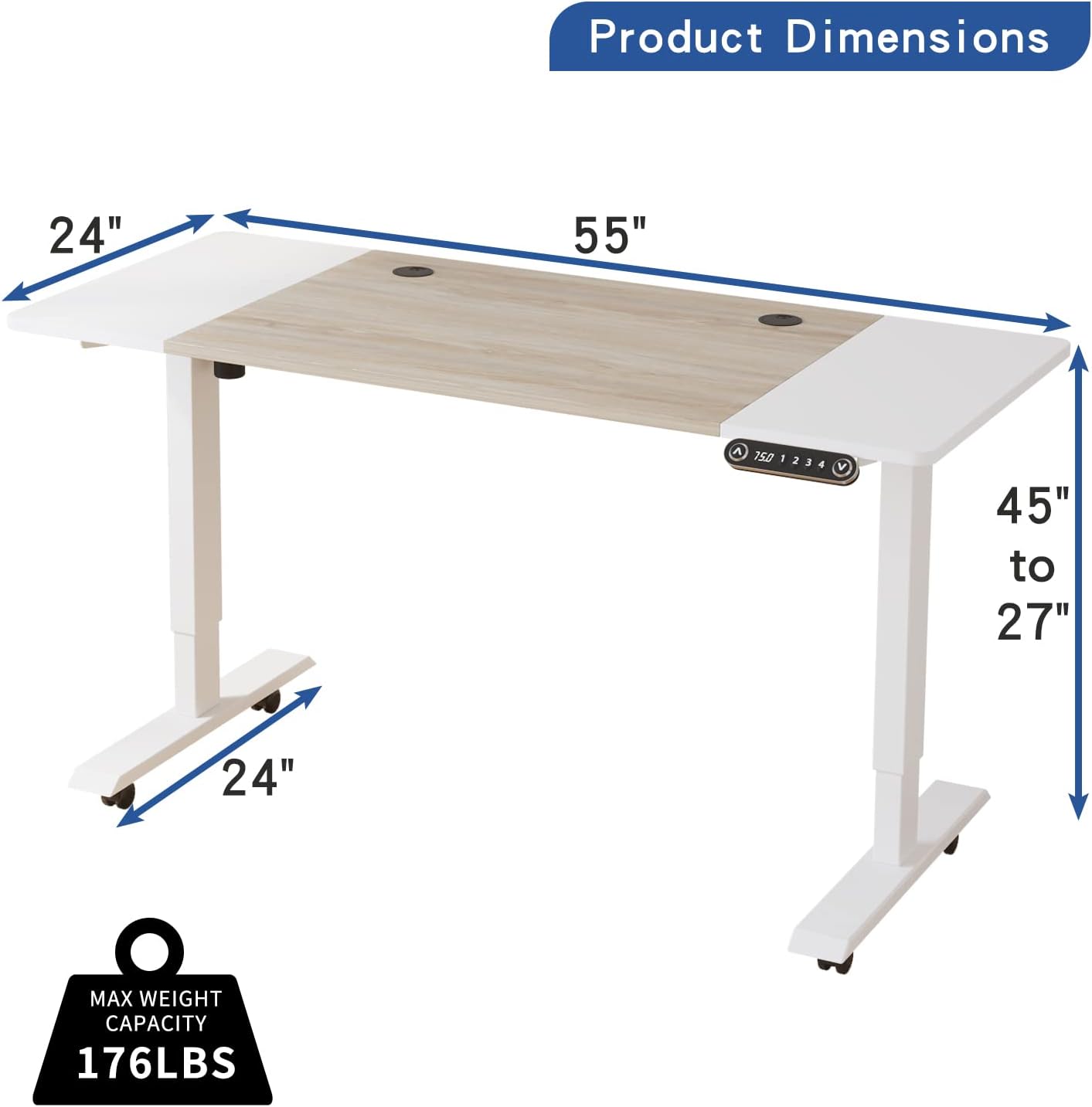 Electric Height Adjustable Standing Desk, 55 x 24 inches Sit - Stand Desk for Work or Home Office Push Button Memory Settings Oak+White Splice Board/White Frame