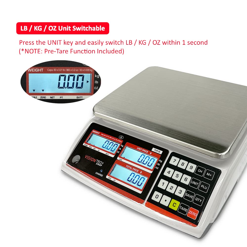 VisionTechShop TVP-60B Price Computing Scale, Lb/Oz/Kg Switchable, 60lb Capacity, 0.01lb Readability, NTEP Legal for Trade COC #19-038, NSF Certified