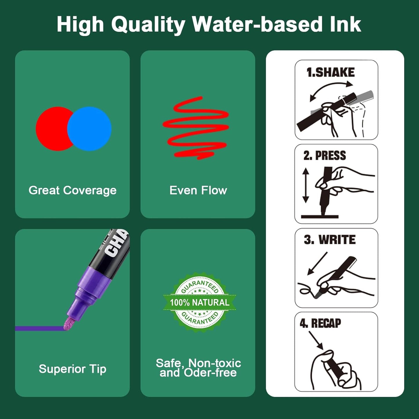 SILENART Chalk Markers for Blackboard, Window Marker for Car Erasable Liquid Chalk Pen for ChalkBoard Windows Glass Menu Board - Pack, Multicolor