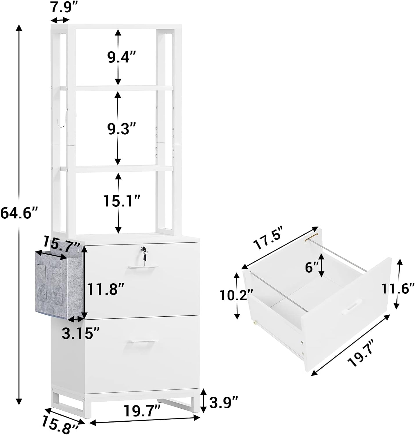 Itaar 2 Drawer File Cabinet, Filing Cabinet with Lock fits Letter, Legal, A4 Size, File Cabinets for Home Office with Storage Bag, Open Shelf and Hook, White