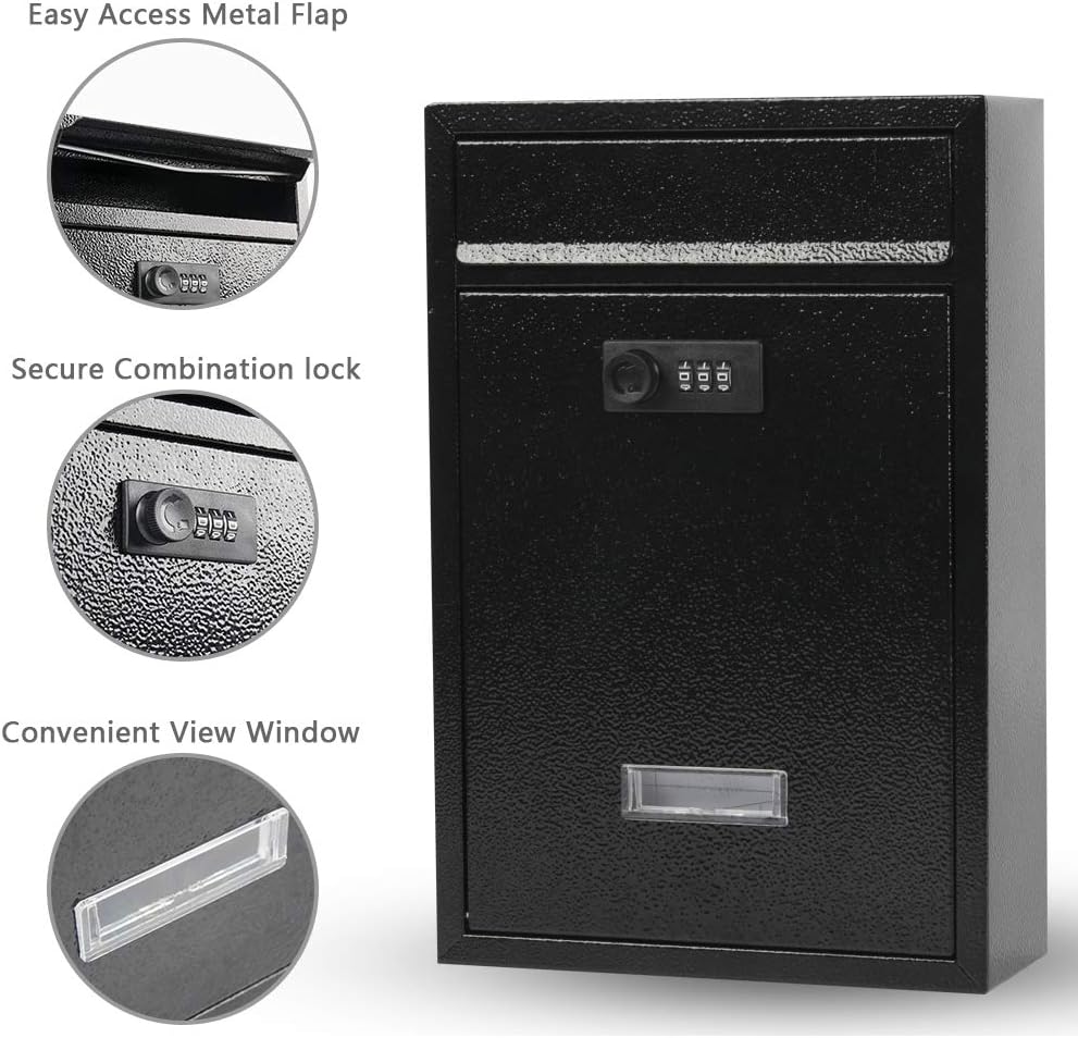 KYODOLED Locking Wall Mount Mailbox, Mail Boxes with Combination Lock for Outside, Security Drop Box with Code,12.4H x 8.54L x 3.35W Inches, Black