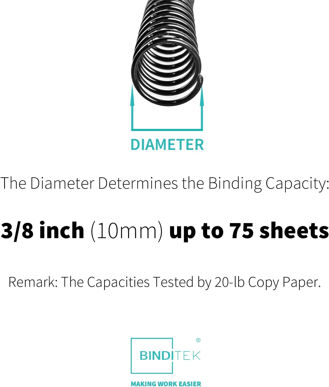 Binditek 100 Pack Plastic Spiral Binding Coils, 10mm(3/8"), 75 Sheet Capacity, 4:1 Pitch, Black, 48Loops, for Letter Size, for Students and Coworkers