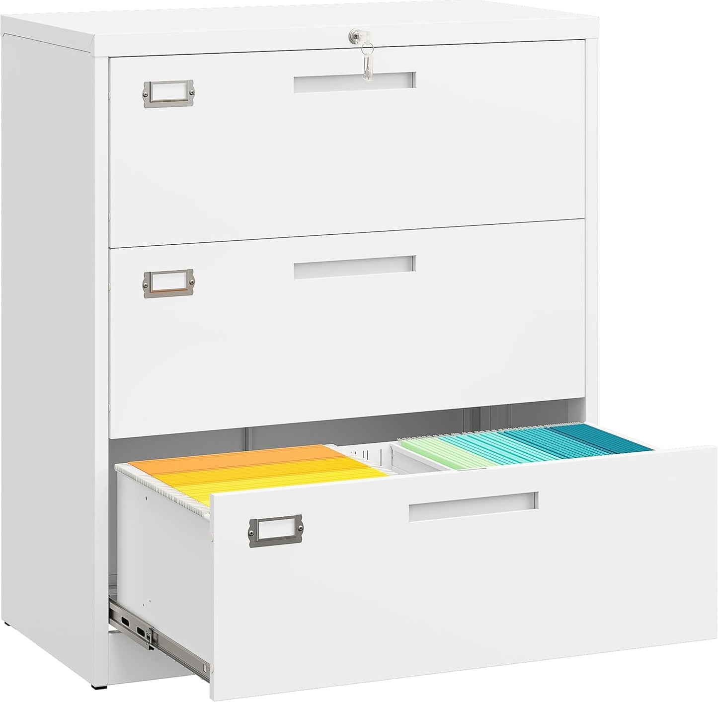 SISESOL 3 Drawer Lateral File Cabinet with Lock,White Lateral Filing Cabinet,Horizontal Metal Filing Cabinets,Locked Wide Three Drawer File Cabinets for Office Home,Fit A4/F4/Letter/Legal File