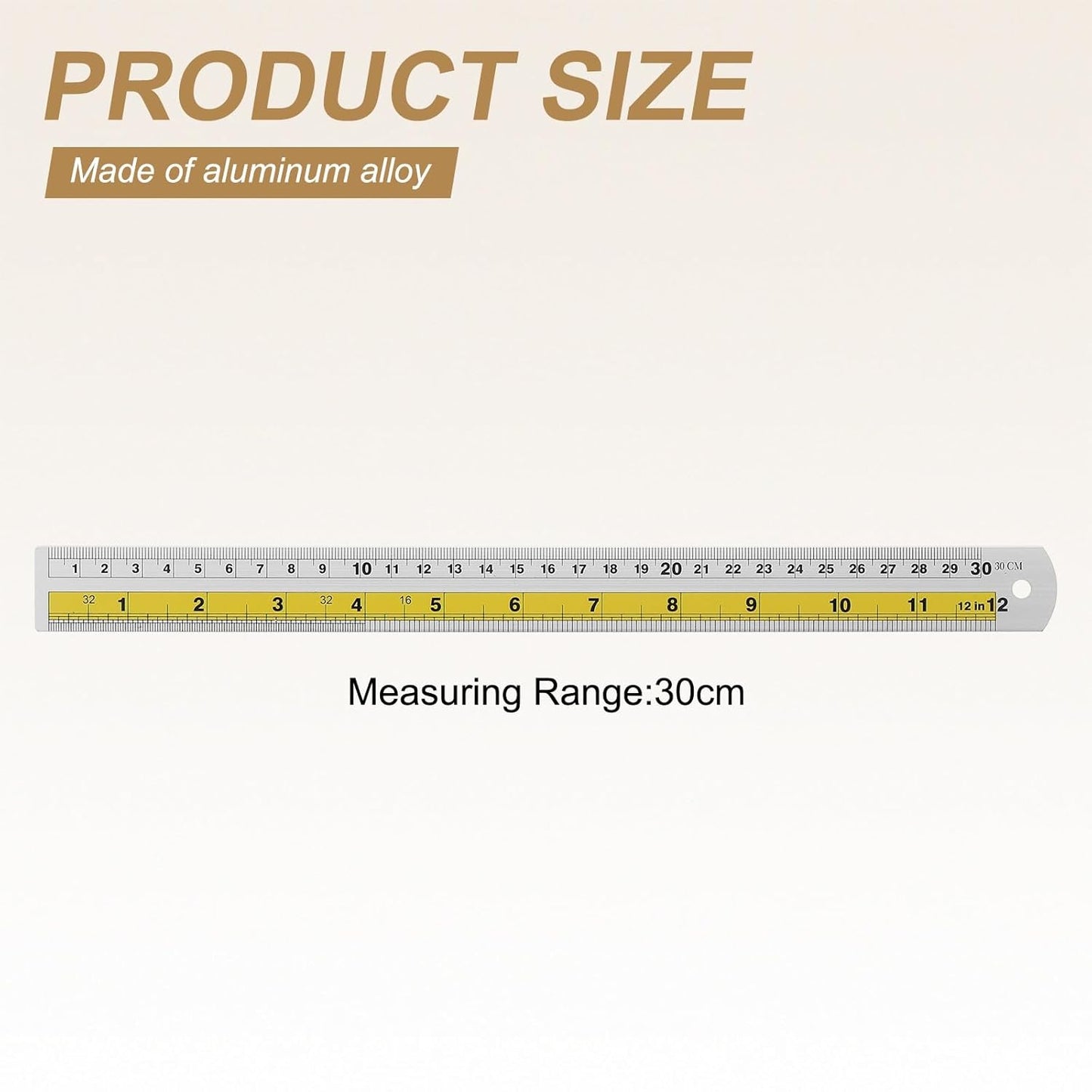 HARFINGTON 4pcs Metal Straight Ruler 30cm Metric SAE Aluminum Alloy Measuring Rulers Scale Tool with Hole for Measure Study Reading Classroom Office, Yellow