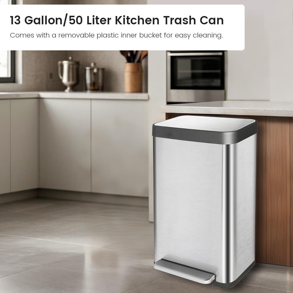 50 Liter / 13 Gallon Trash Can, Fingerprint Proof Stainless Steel Kitchen Trash Can with Removable Inner Bucket, Step Trash Bin for Home Offices and Public Areas