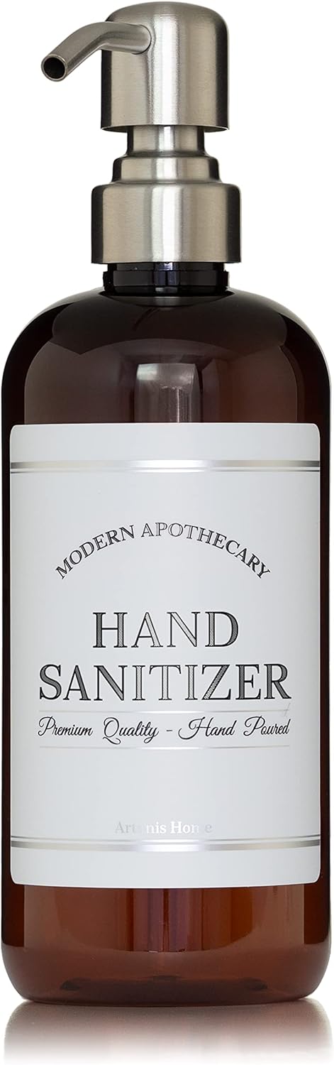 Amber PET Plastic Refillable Hand Sanitizer Pump Bottle Dispenser 304 Grade Stainless Steel Pump, 16 oz, Waterproof Label, Empty Reusable Container for Kitchen, Bathroom, Business