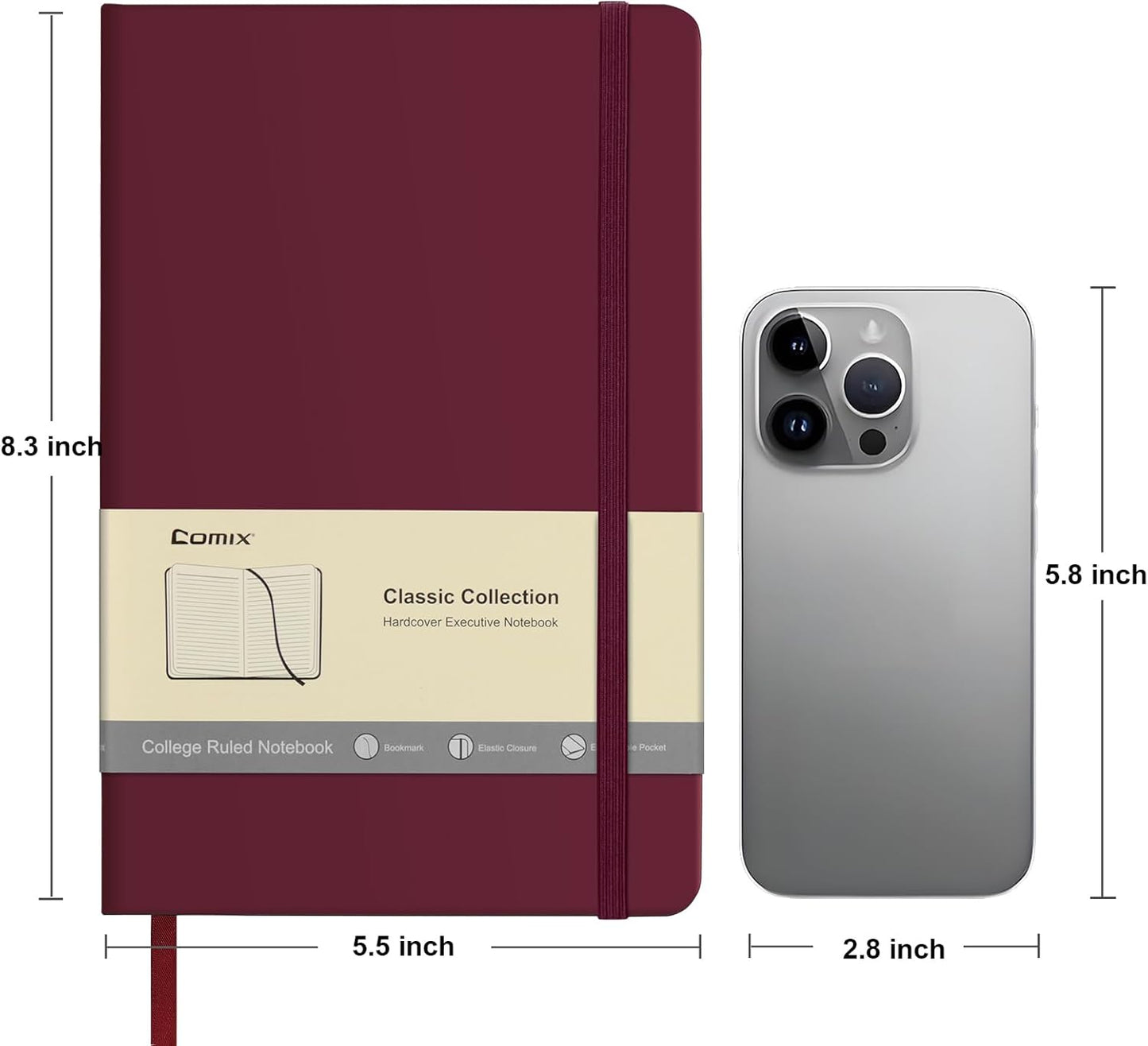 Comix Lined Journal Notebook for Women Men, Journaling Notebooks for Office School Home, Burgundy, 240 Pages, 5.5" x 8.3", College Ruled, A5, Hardcover