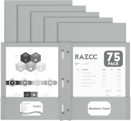 Two Pocket Folders, RAZCC 75 Pack Two Pocket Folders with Prongs, 3 Prong Folders Fit Letter Size Paper, Pocket File Folders for School Office Home Business, Grey