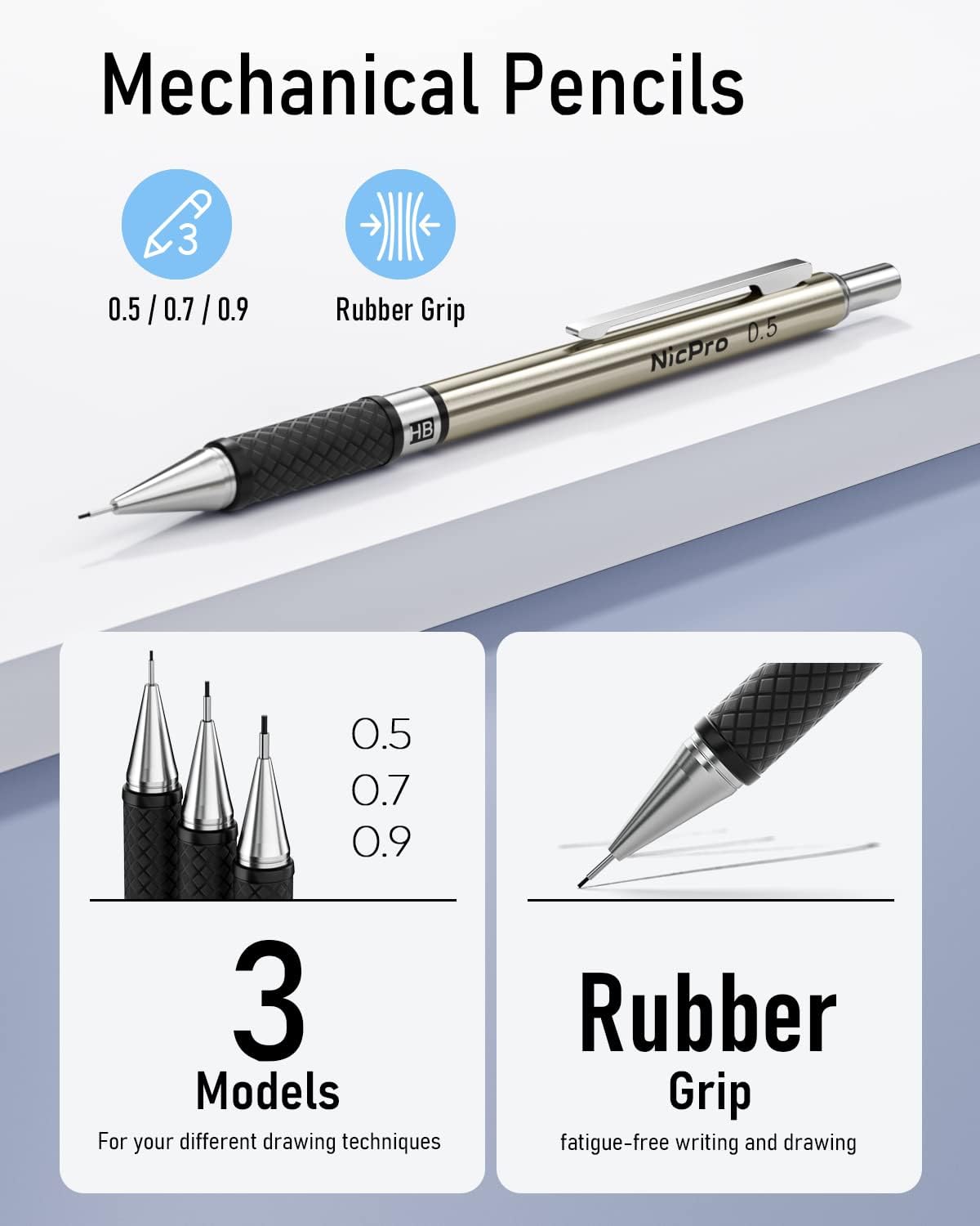 Nicpro 6PCS Art Mechanical Pencil Set, 3PCS Metal Drafting Pencil 0.5 mm & 0.7 mm & 0.9 mm & 3PCS 2mm Graphite Lead Holder (2B HB 2H) For Writing, Sketching Drawing With Lead Refills Case