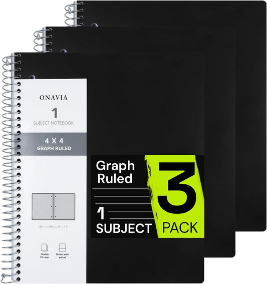 Spiral Notebook for School 3 Pack, 1 Subject, 4x4 Graph Ruled Paper, 100 Sheets, 9" x 11", 1 Divider with Pocket, 3 Hole Punched, Plastic Cover, 1/4" Grid Graphing Note Book Bulk, Black